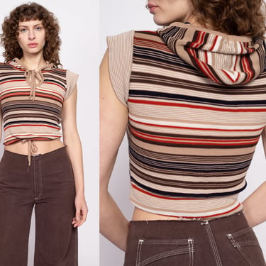 70s Brown Striped Knit Hoodie Crop Top - Extra Small | Vintage Short Sleeve Keyhole Neck Hooded Shirt 