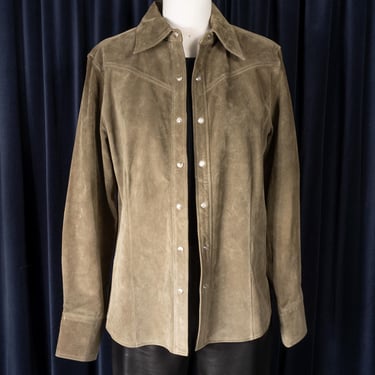 Olive Green Suede Snap Shirt/Jacket by Eddie Bauer Seattle Suede 