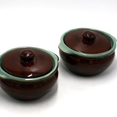 vintage Red Wing Village Green Individual Casseroles or Ramekins Set of Two 
