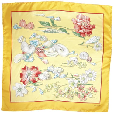 Valentino 1980s Vintage Seashell Floral Print Yellow Silk Signed Scarf 