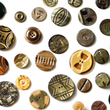 49 1920s - 1930s Celluloid Button Collection - Incised Layered Wafer, Carved, Glow Top, Mother Daughters - Small to X-Large 