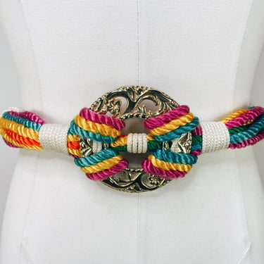 1980s Rainbow & White Rope Belt w Big Gold Pendant S/M | Vintage, Unique, Colorful, Costume 