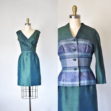 Mohan's 60s silk dress & jacket, 1960s green dress, vintage dresses, mod dress two piece set 