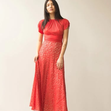 1930s Red Lace and Rayon Jersey Gown 