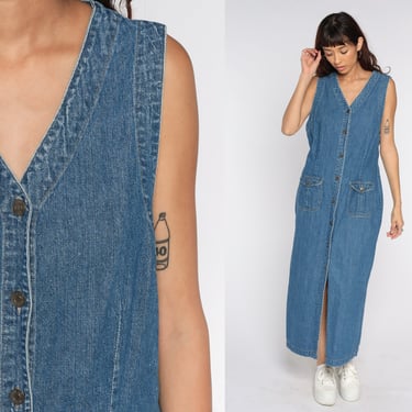 Denim Maxi Dress 90s Jean Jumper Button Up Ankle Length Dress Grunge Front Slit Retro Vintage Overall Dress Blue Sleeveless 1990s Large 14T 