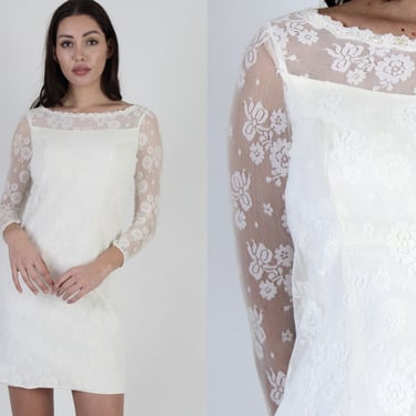 1960s Ivory Romantic Wedding Mini Dress, 1960s All Over Off White Floral Lace, Vintage 60s Charming Boatneck Sheath Short Frock 