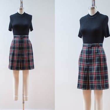 high waisted shorts | 80s 90s plus size vintage black red green plaid long pleated dark academia shorts 