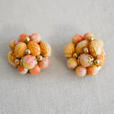 1960s Peachy-Orange Bead Cluster Clip Earrings 