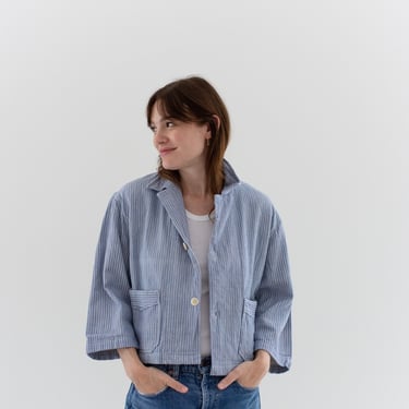 Vintage Blue Pink Flannel Striped Crop Shirt Jacket | Unisex Stripe Cotton Pajama Chore | L | SCJ008 