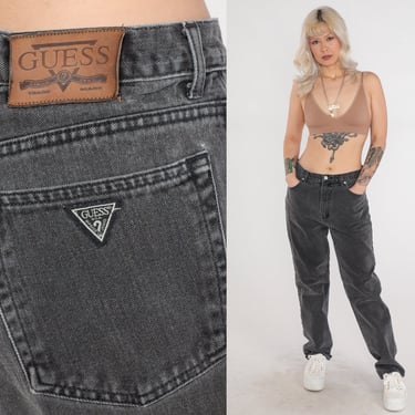Faded Black Guess Jeans 90s Denim Mom Jeans High Waisted Rise Tapered Straight Leg Pants Relaxed Boyfriend Jeans Vintage 1990s Large L 34 