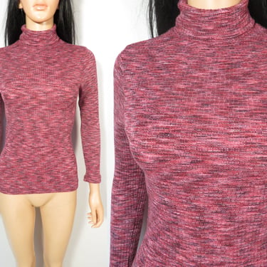Vintage 70s Space Dyed Ribbed Knit Stretchy Soft Turtleneck Top Size S/M 