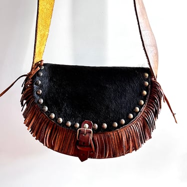 1970’s Handcrafted Leather Fringe and Cowhide with Brass Studs 