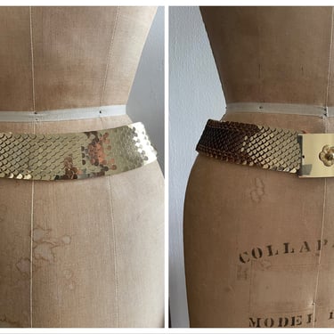 Vintage ‘70s disco era gold belt, fish scale belt | stretchy metal snakeskin belt, S/M 