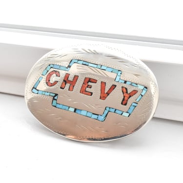Turquoise & Coral Chip Inlay 'CHEVY' Belt Buckle, Engraved Silver, Southwestern Jewelry, 4.125