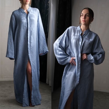 Vintage 70s ISMERALDA Chambray Blue Linen Kaftan Duster Dress w/ Pockets | Made in Italy | 100% Linen | 1970s Italian Designer Linen Duster 