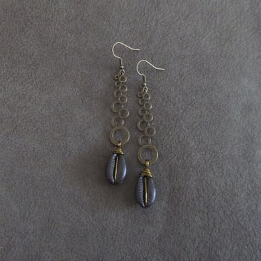 Black cowrie shell earrings, unique modern dangle earrings antique bronze 