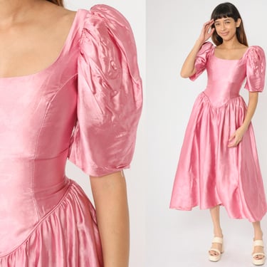 Vintage 80s Pink Prom Dress Metallic Taffeta Puff Sleeve Scoop Neckline Princess Seam Corset Basque Waist Ball Gown Formal Extra Small xs 