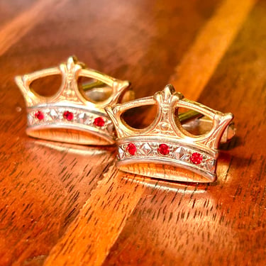 Vintage Crown Cufflinks Red Rhinestone Gold Crown King Retro Mens Jewelry Gift Mid Century 