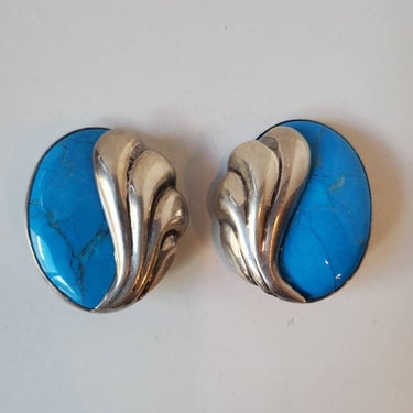 Sterling silver and turquoise large oval vintage clip earrings 