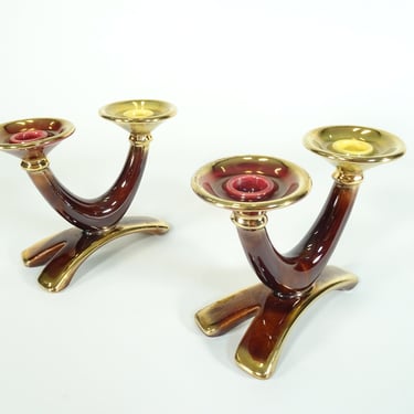 Vintage Candle Holder / Vintage Candlestick Holder / 50s Candleholder/ Mid Century Modern / Glased Ceramic Candle Holder Pair / Art Deco 