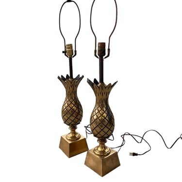 Set of 2 Tall Brass Pineapple Lamps Holly Wood Regency 