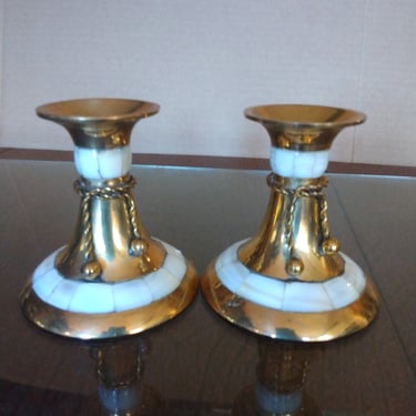 Vintage Mother of Pearl Brass Candlestick Holders Lot of 2, Housewarming Gift 