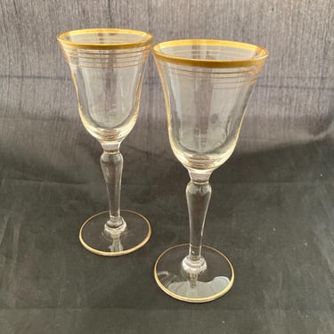 Set of 2 Mid Century Modern Gold Rimmed Crystal Tall Cordial Glasses, 3 ounces, Bands Rings, Art Deco Sherry Amaro Port Liqueur Tasting 