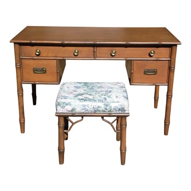 Vintage Ficks Reed Faux Bamboo Solid Wood Desk Vanity + Stool Bench