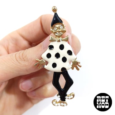 Adorable Deadstock Vintage 80s 90s Black White Dancing Clown Rhinestone Brooch - It Moves 