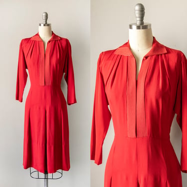 1940s Dress Rayon Red Shirtfront M 