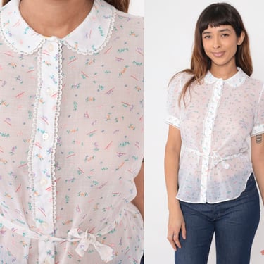 White Embossed Blouse 80s Lace Trim Puff Sleeve Shirt White Embossed Blouse 80s Lace Trim Puff Sleeve Shirt