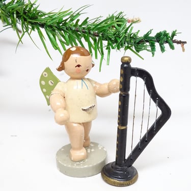 Antique German Erzgebirge Wooden Angel with Wings Playing Harp, Vintage KUHNE  Christmas Toy 