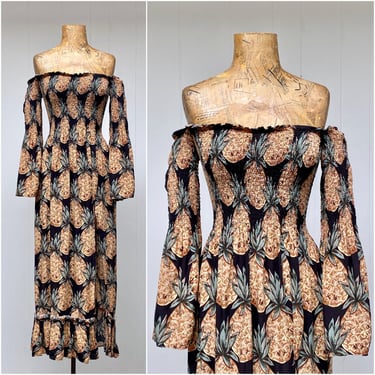 Vintage 1990s Rayon Off-the-Shoulder Maxi Dress, Pineapple Print with Shirred Bodice and Bell Sleeves, Small 34" Bust 
