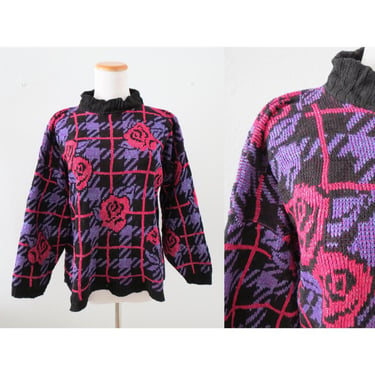 Vintage Rose Print Sweater - 80s Sparkly Pullover Floral Print Lurex Jumper - Size Large 