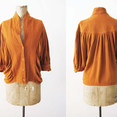 Vintage 70s Burnt Orange Blouse S - Bohemian Indian Rayon Button Up Top - Flowy Hippie Solid Color Earth Tone Womens Shirt 