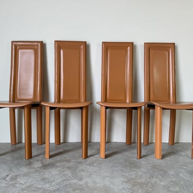 Italian Postmodern Giorgio Cattelan - Style Brown Leather Dining Chairs - Set Of 4 