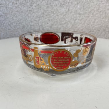 Vintage 1960s barware Jeannette clear glass dipping small bowl gold red print recipes size 4.5” x 2” 