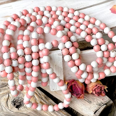 VINTAGE: 1980s - 110" Wooden Beaded Garland - Cottage - Farmhouse - Valentines, Easter, Christmas, Baby Shower - SKU Tub-398-00011739 