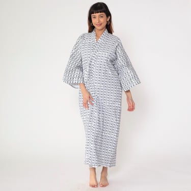 Vintage Yukata Robe 80s Japanese Kimono Dressing Gown Hotel Print Cotton Loungewear 1980s Blue White Geometric Text Small Medium Large 