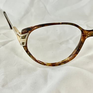 Cat Eye Glasses Frames, Lucite Tortoise, Gold Tone Trim, France, Vintage 80s 90s 