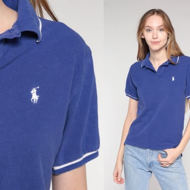 Ralph Lauren Polo Shirt Y2k Blue Collared Shirt Short Sleeve RLP T-Shirt Collar Retro Preppy Basic Streetwear Vintage 00s Extra Small xs 