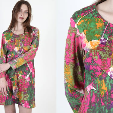 Vintage 70s Psychedelic Floral Dress / Bright Marbled Abstract Floral Dress / Disco Cocktail Mini Dress 