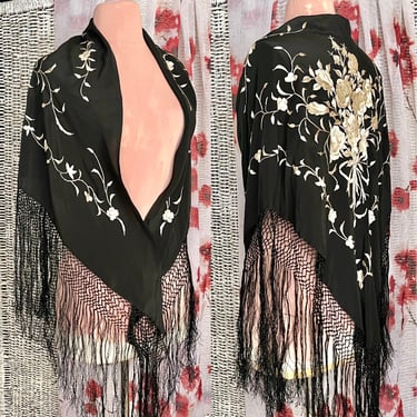 Luxe Embroidered Shawl, Long Fringe, Floral Design, Georgette Fabric, Vintage Boho, Bohemian, Hippie 