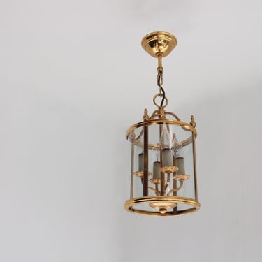 Signed Gaetano Sciolari Gilt Brass and Glass Lantern or Hall Pendant Lamp Italian Empire Style, 1960s 