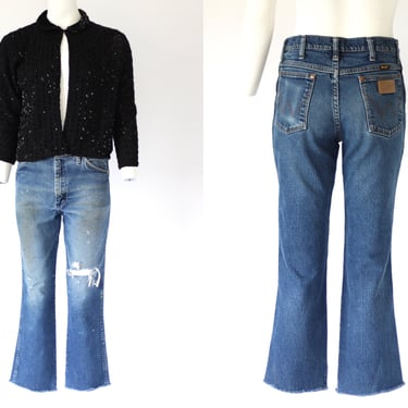 Vintage Wranglers Faded and Distressed Frayed Hem Jeans - Mid to High Rise Cropped Kick Flare Denim - 29” x 25.5” 