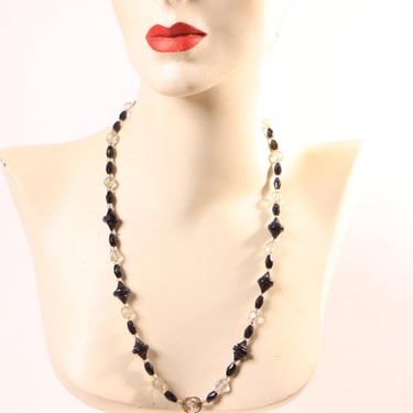 1940s 1950s Black and Clear Glass Faceted Beaded Necklace 
