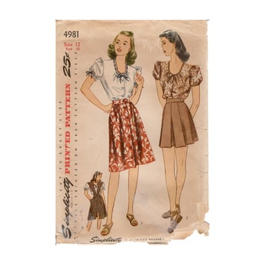 Vintage 1944 Simplicity Sewing Pattern 4981, Misses' and Women's Pleated Shorts, Front Buttoned Skirt, Peasant Blouse and Jumper, Size 12 