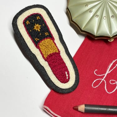 Hand-stitched / embroidered felt 1950s vintage pinup style red lipstick tube hair clip barrette 