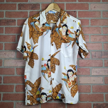 Vintage 80s Ocean Pacific OP Woman and Bird ORIGINAL Open Collar Party Shirt - Medium 