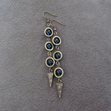 Blue glass earrings, geometric earrings, artisan bronze 